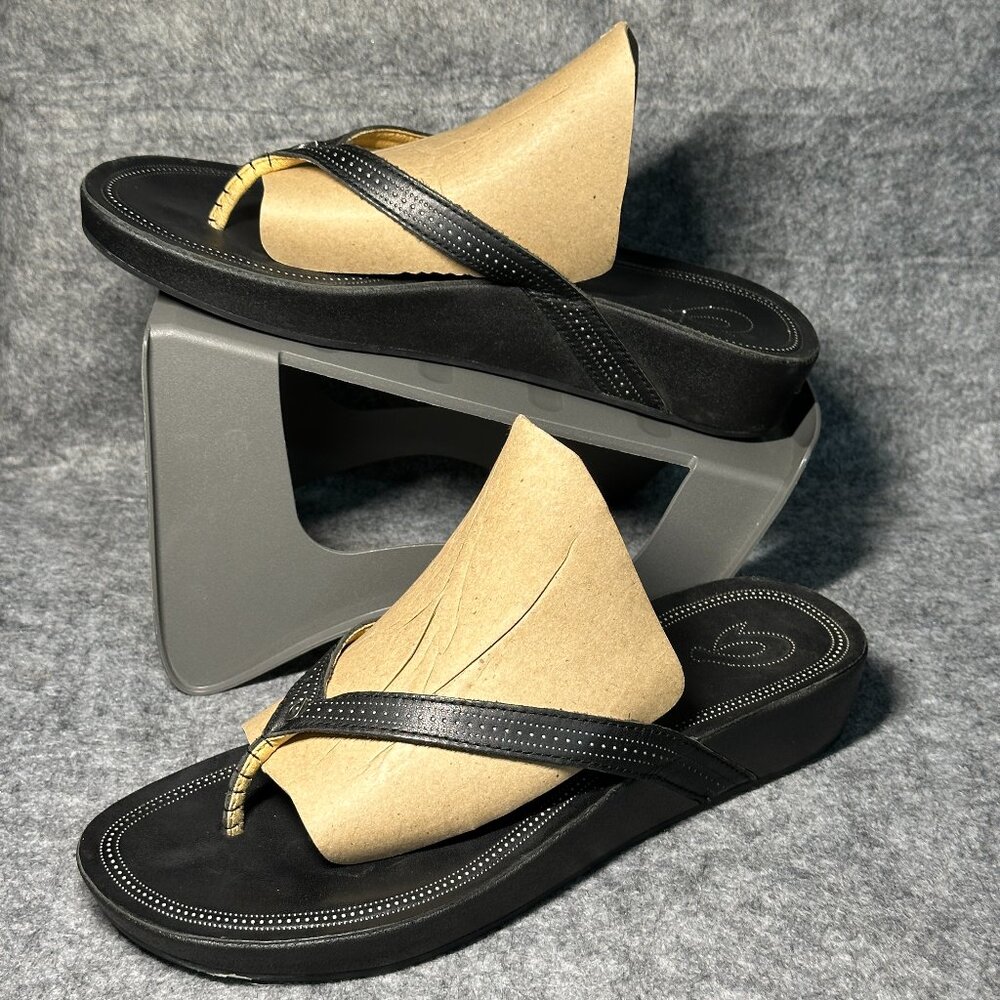 Olukai Ola Sandals - Size 10 -Leather Flip-Flops - Black